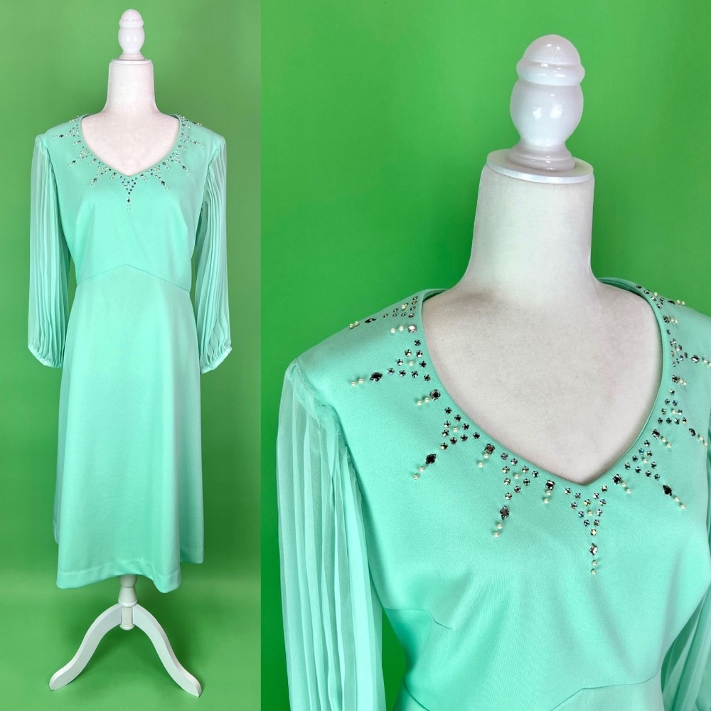 Vintage 70s Seafoam Green Dress with Rhinestones Balloon Sleeves - Size Large